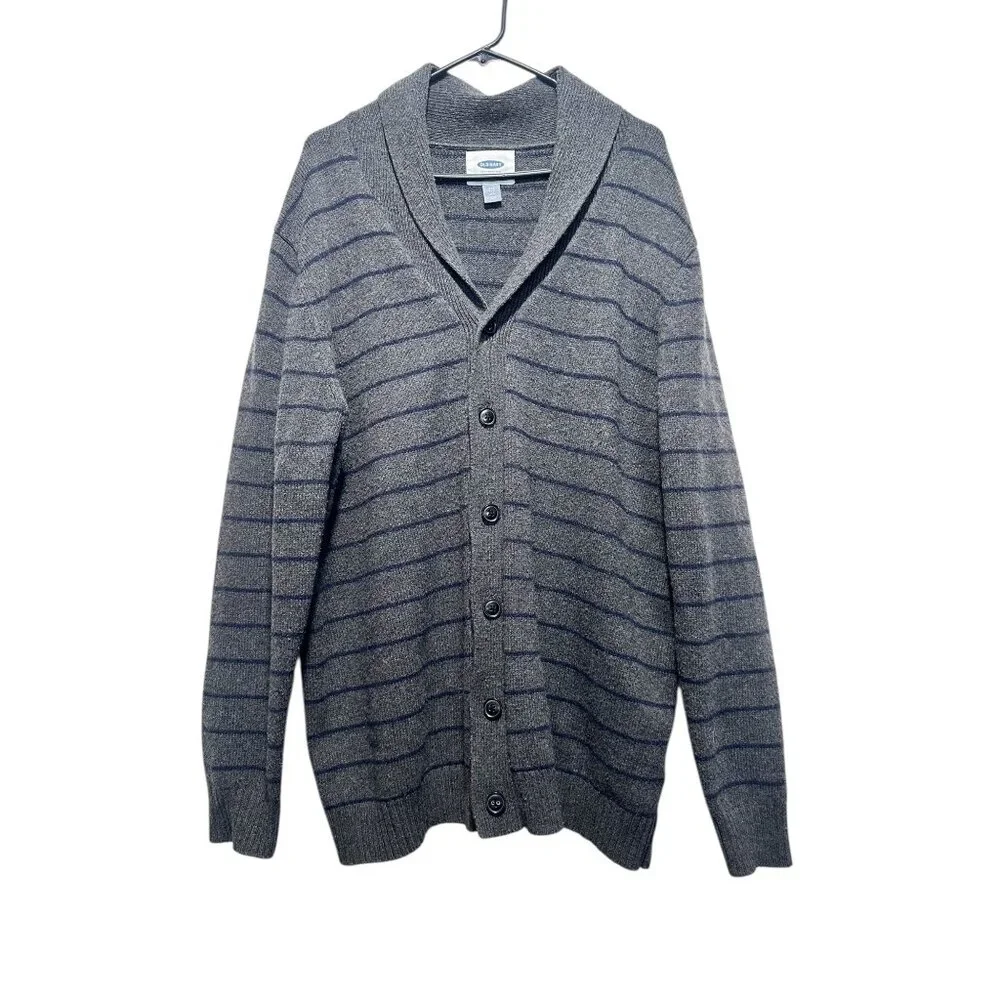 Old Navy Wool Button Down Cardigan Men XXL Tall Gray Shawl Neck Striped Nautical